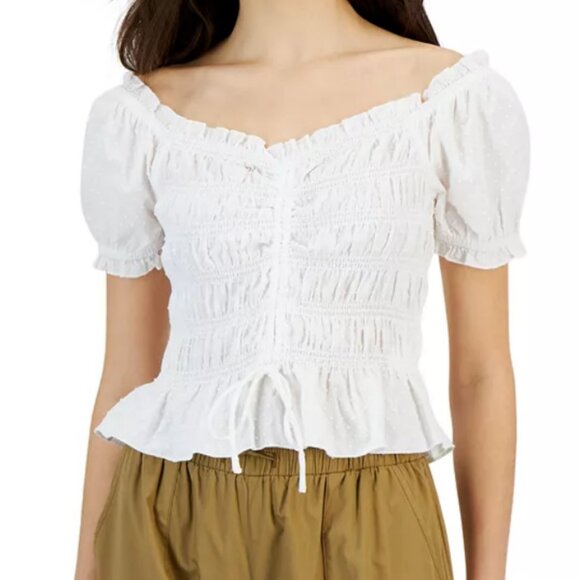 Crave Fame Tops - CRAVE FAME NEW Juniors' White Clip-Dot Smocked Top - Size: L